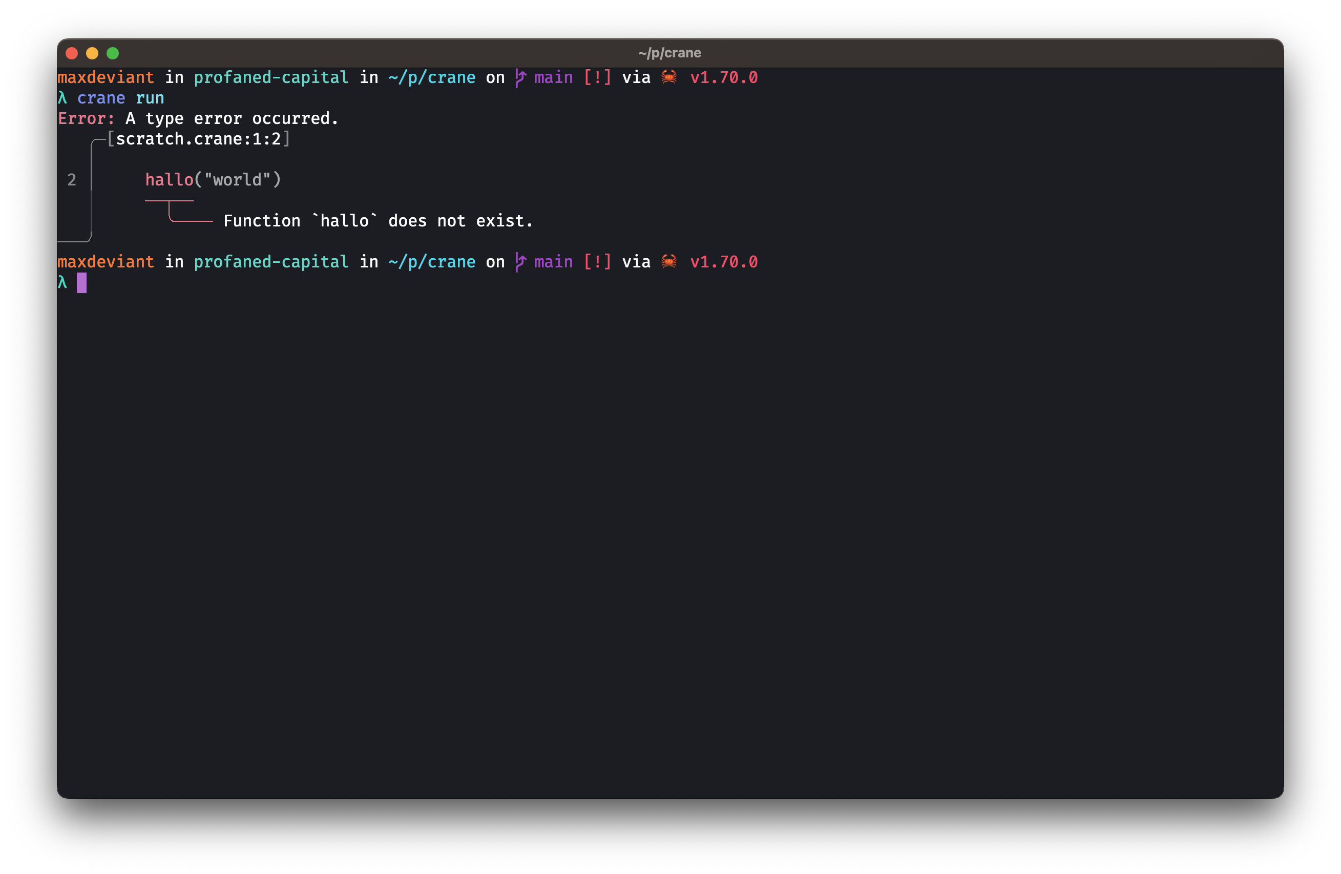A Crane compile error: "Function hallo does not exist."