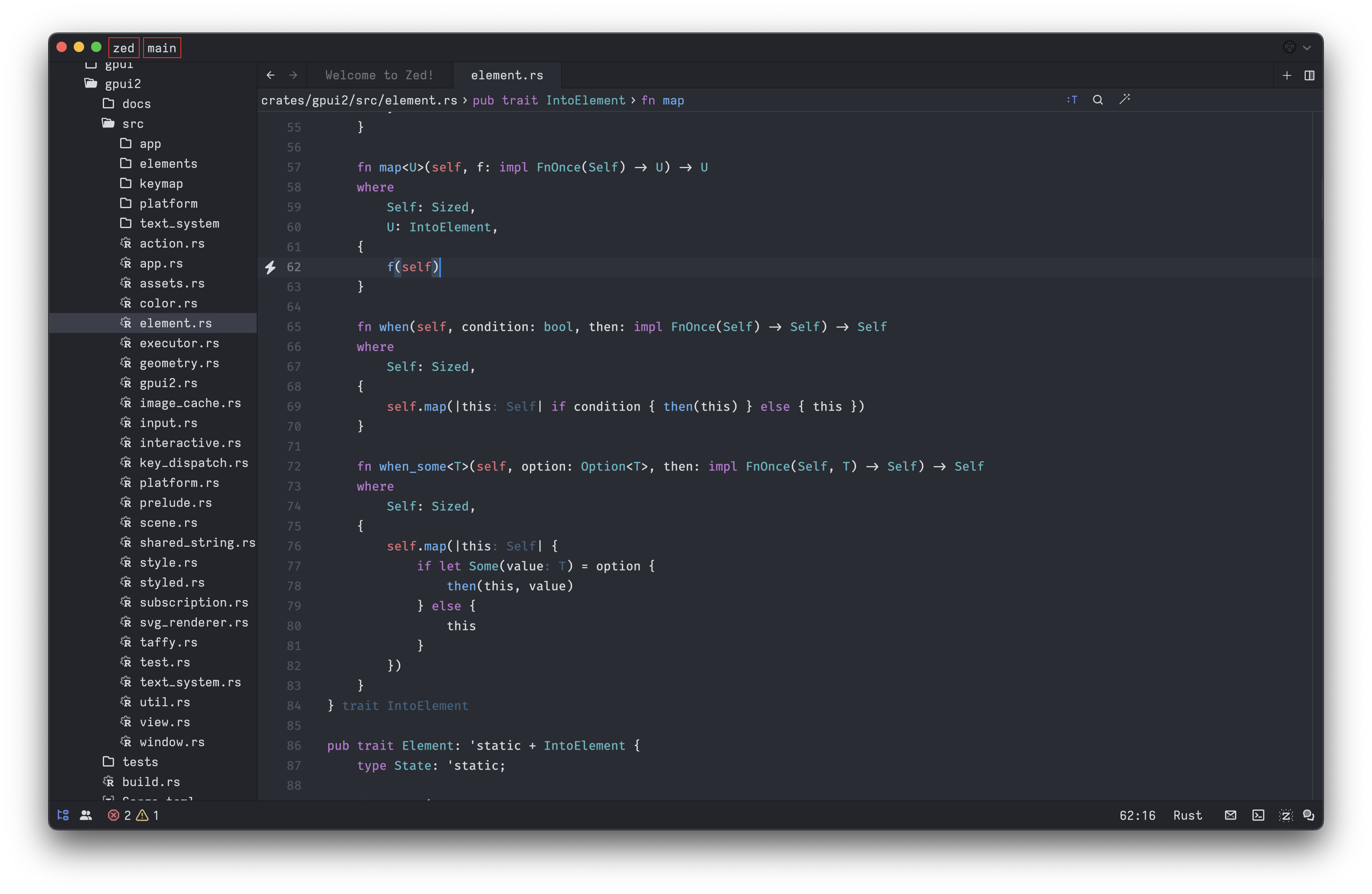 A screenshot of some code in Zed Nightly.