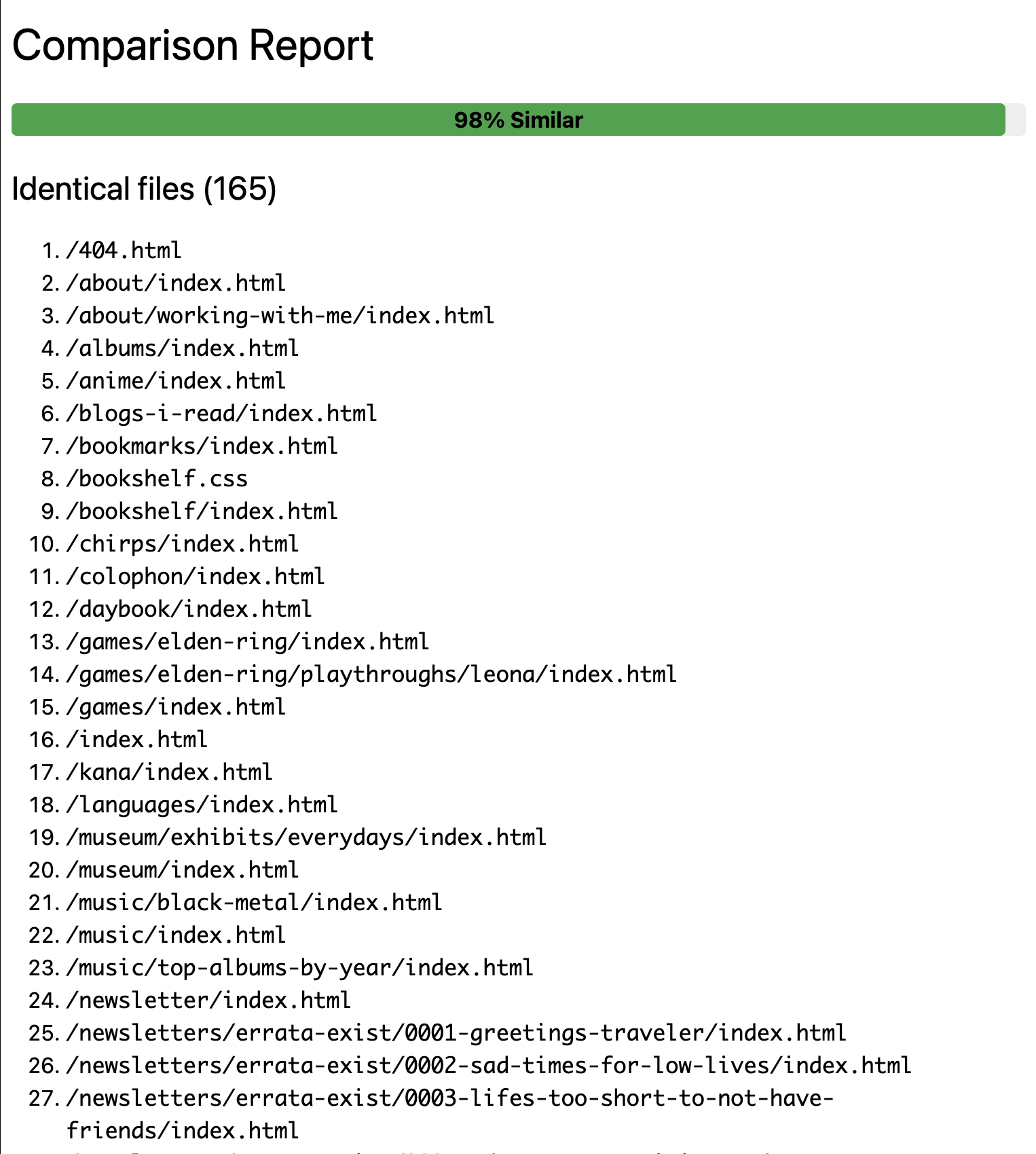 The comparison report showing 98% similarities between the two sites.