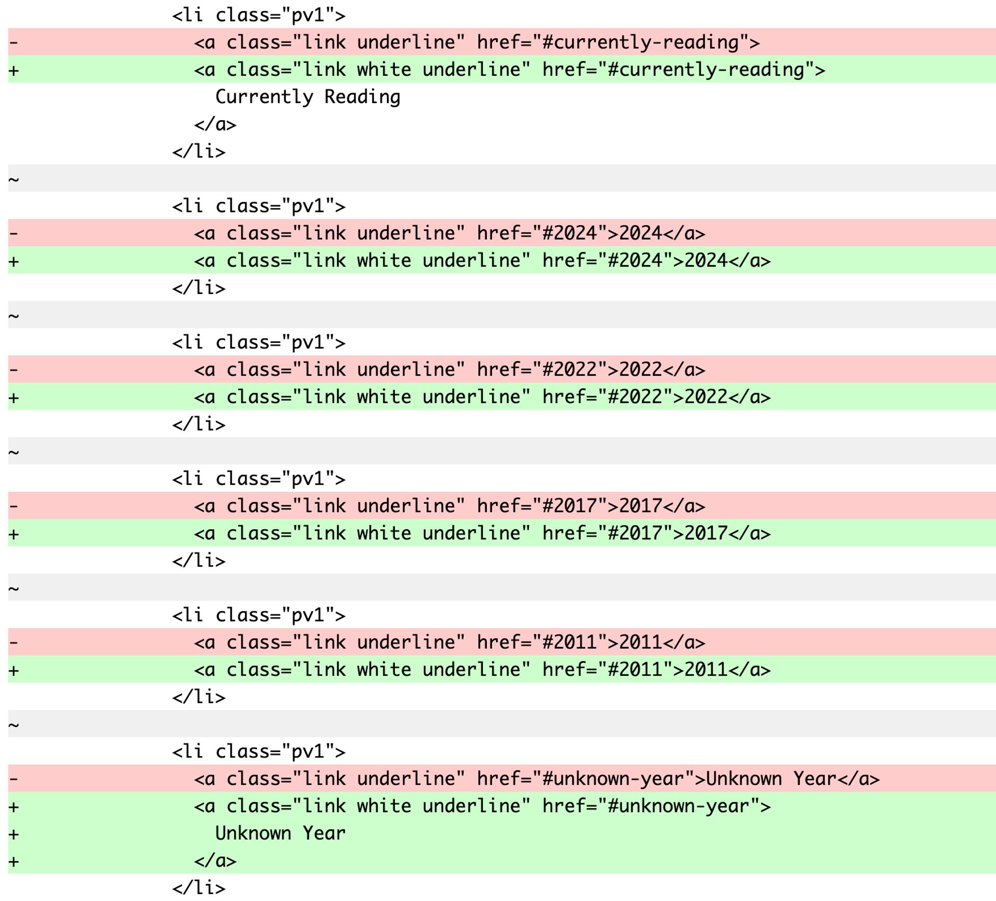 A diff between the HTML output of the old and new site.